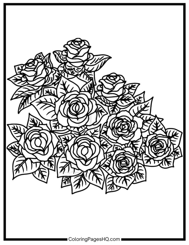 Detailed rose bush coloring page