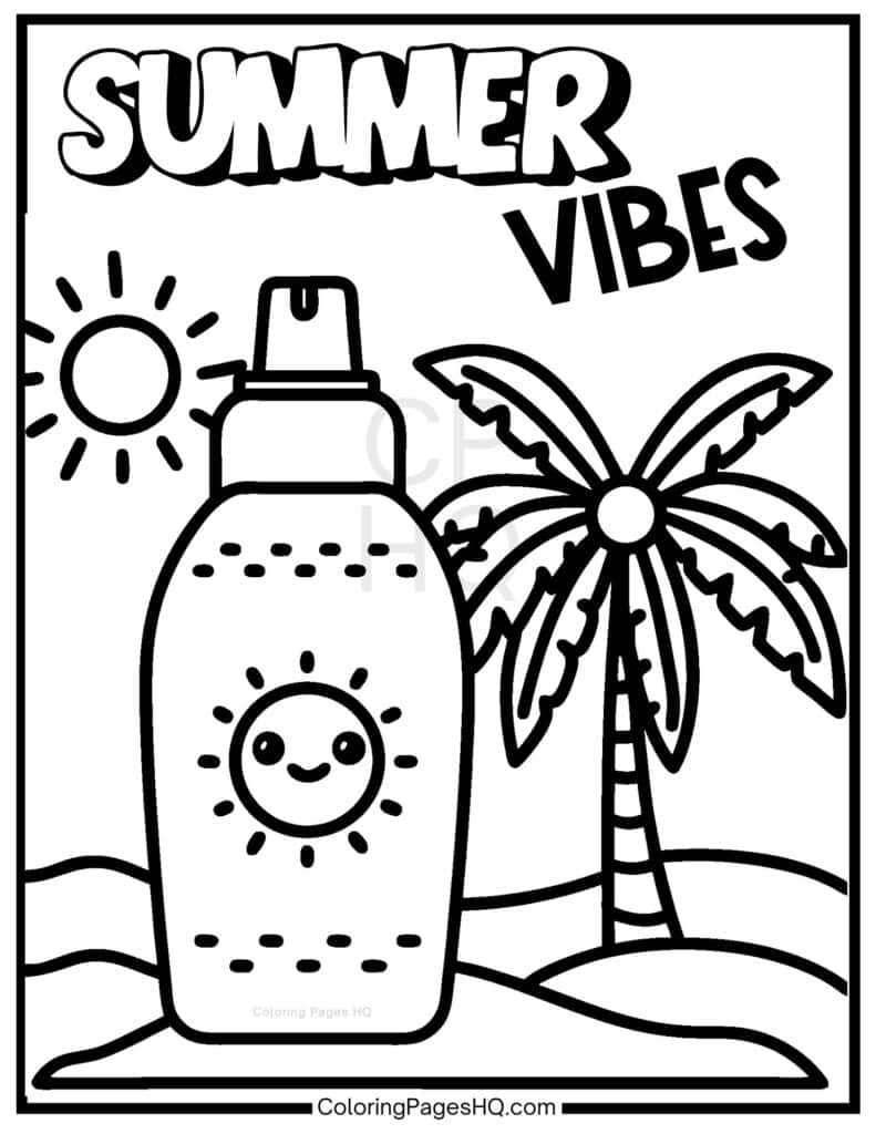 Sunscreen bottle sitting on a beach page to color