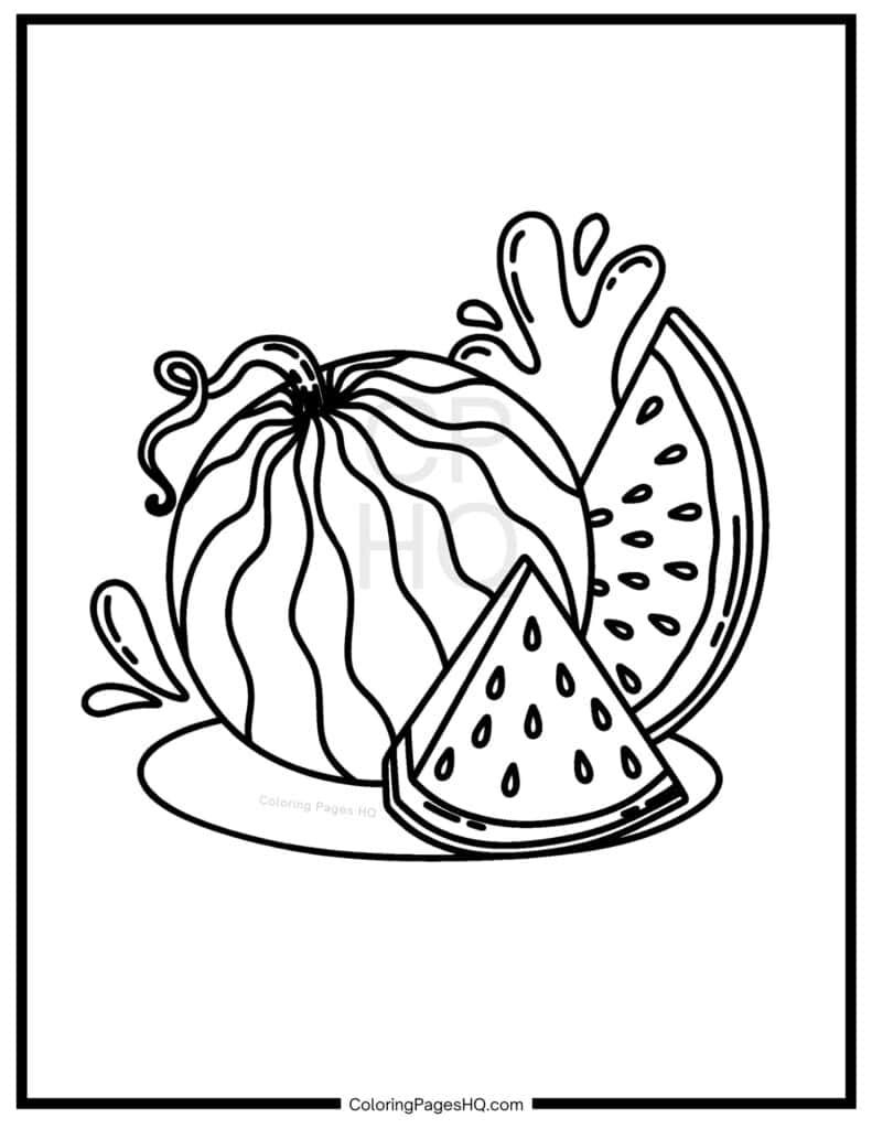 Whole watermelon and slices of watermelon sheet to color