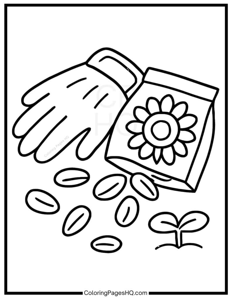 Flower seeds and gardening gloves coloring page