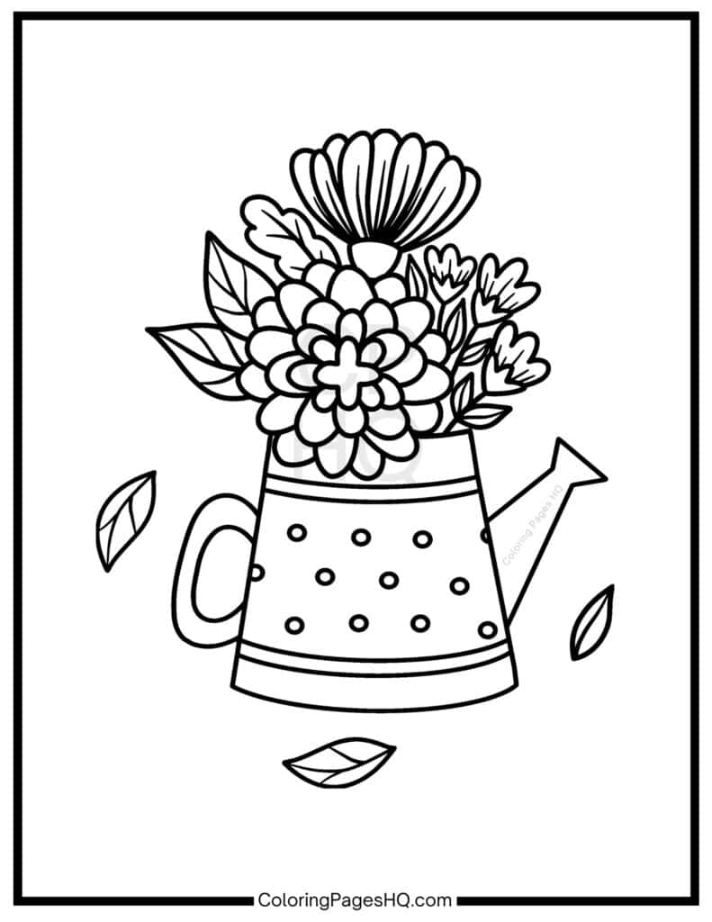 Flowers and leaves filling a water can coloring page