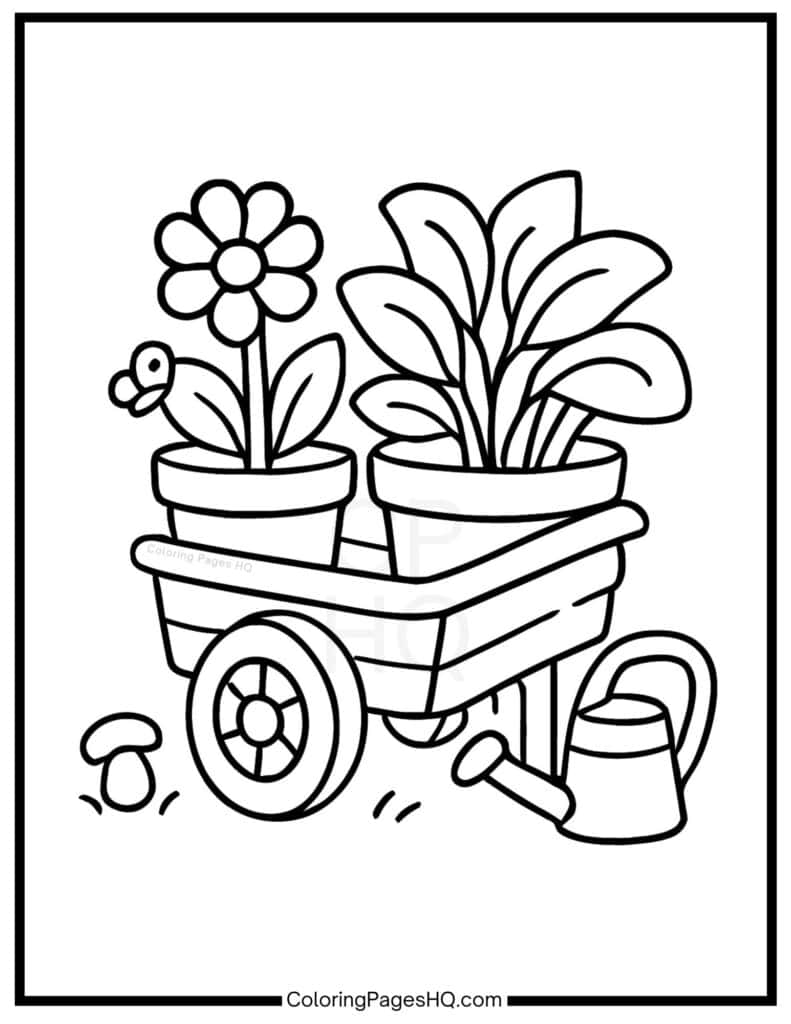 Flowers sitting in a cart coloring page