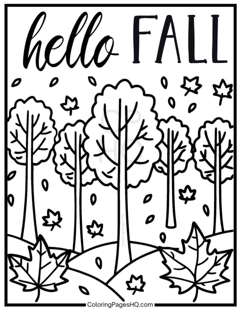 Hello fall forest of trees coloring page