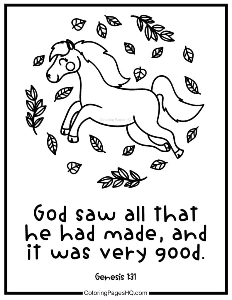 Jumping horse God saw all that he had made Genesis 1:31 coloring page