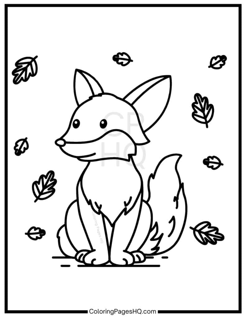 Leaves falling around a fox coloring page