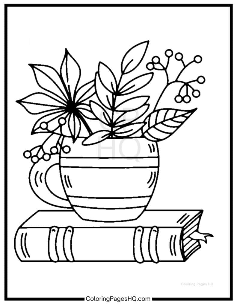 Leaves filling a coffee mug coloring page
