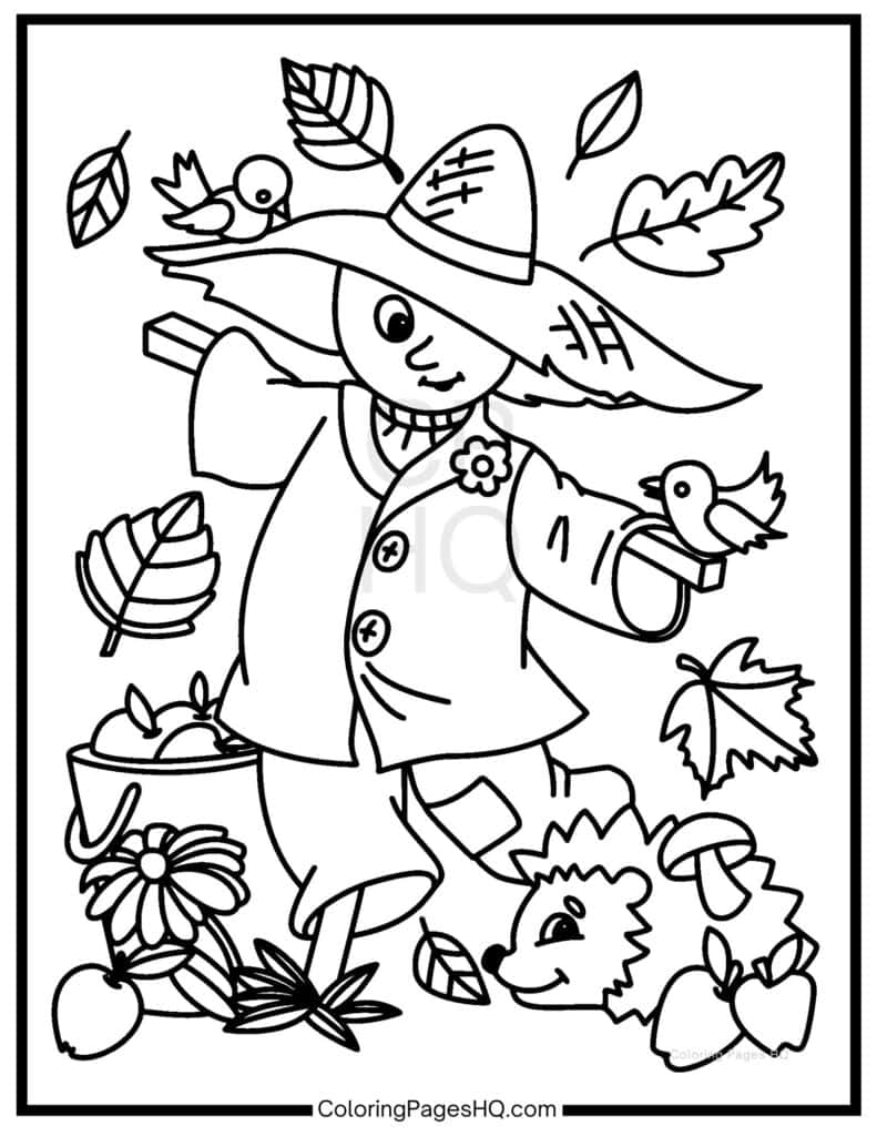Leaves flying around a scarecrow coloring page
