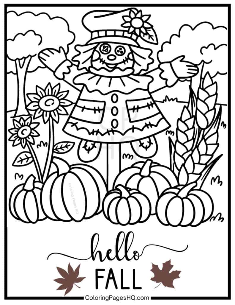 Scarecrow surrounded by pumpkins fall things to color