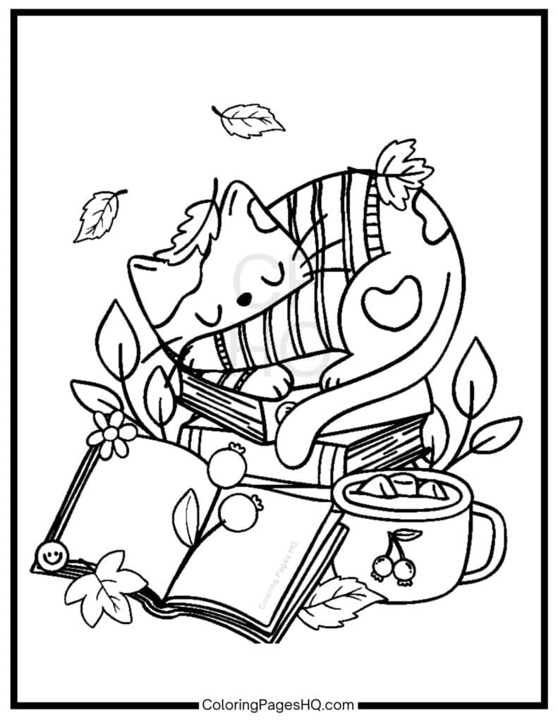 Sleeping kitten sitting on a stack of books coloring page