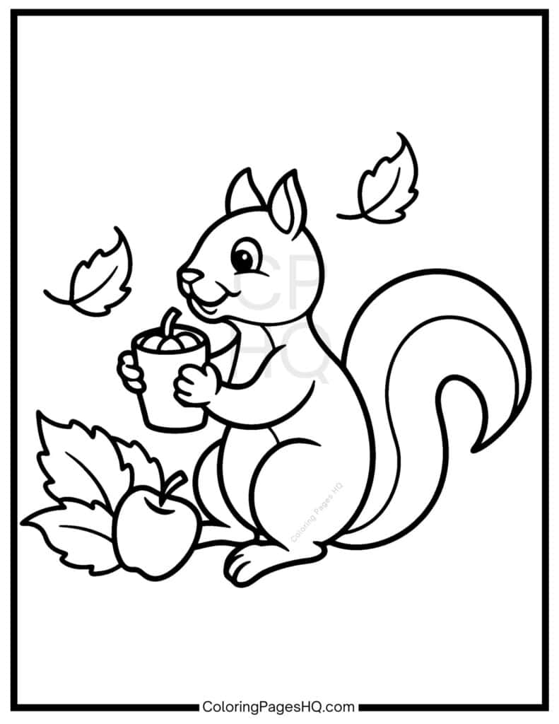 Squirrel drinking out of a cup coloring page