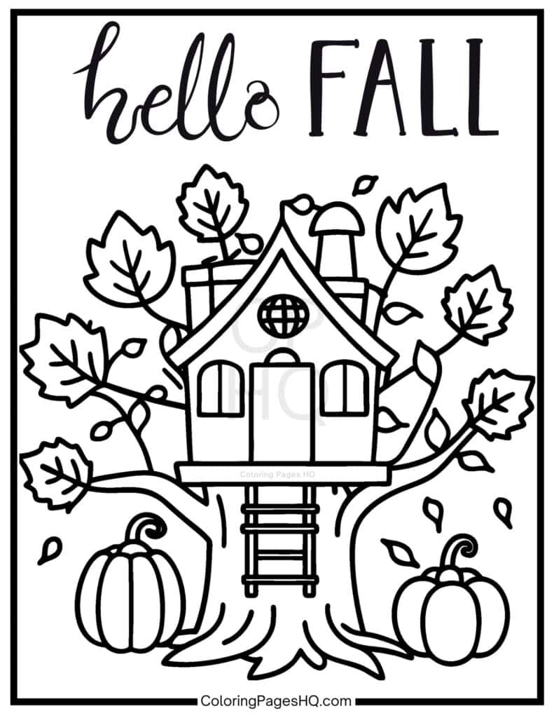 Tree house surrounded by fall leaves coloring page