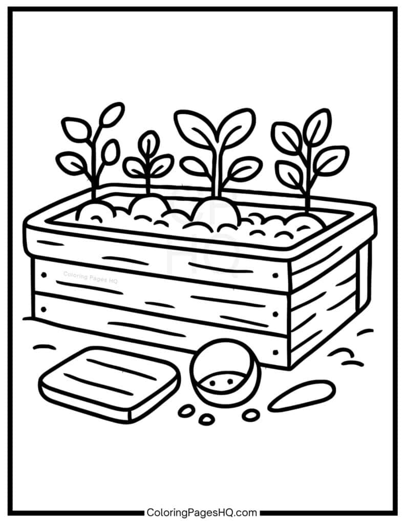 Vegetables growing in a garden box sheet to color