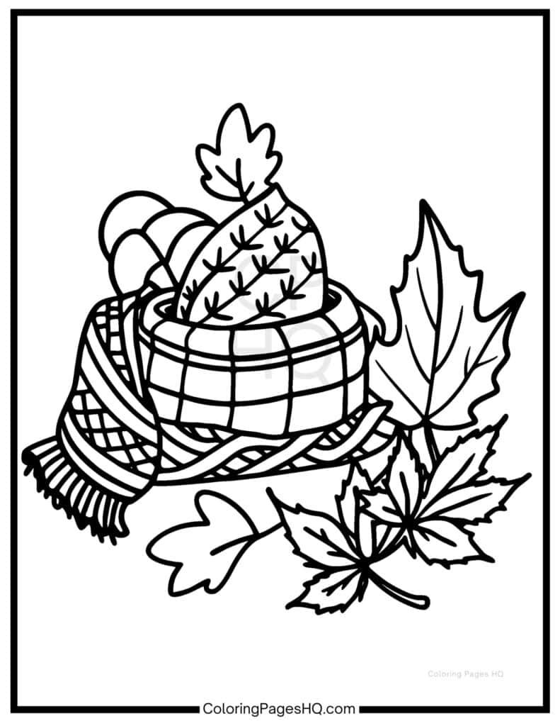 Warm scarf surrounded by fall leaves sheet to color