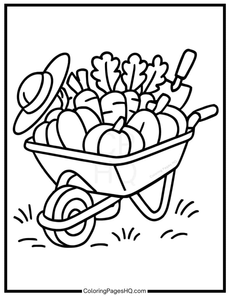 Wheel barrow filled with vegetables coloring page