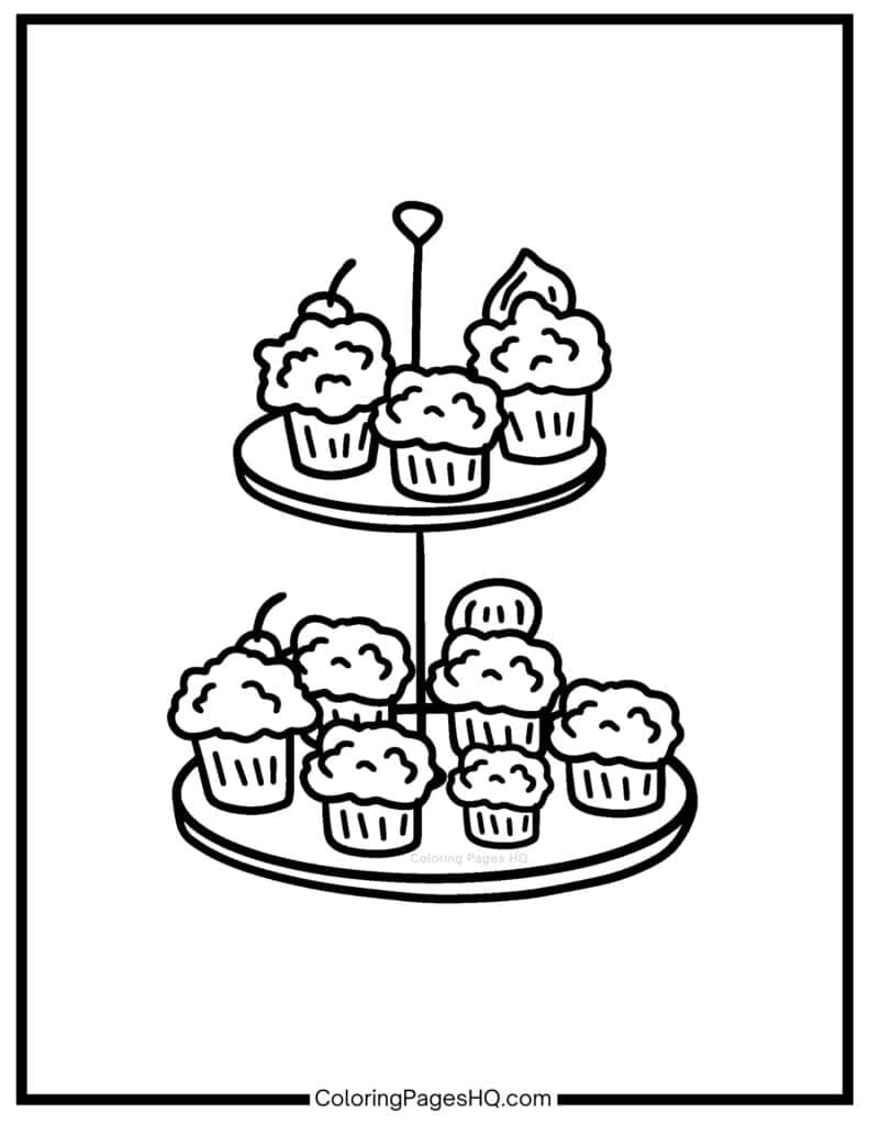 Cupcakes on a double layer serving platter coloring page