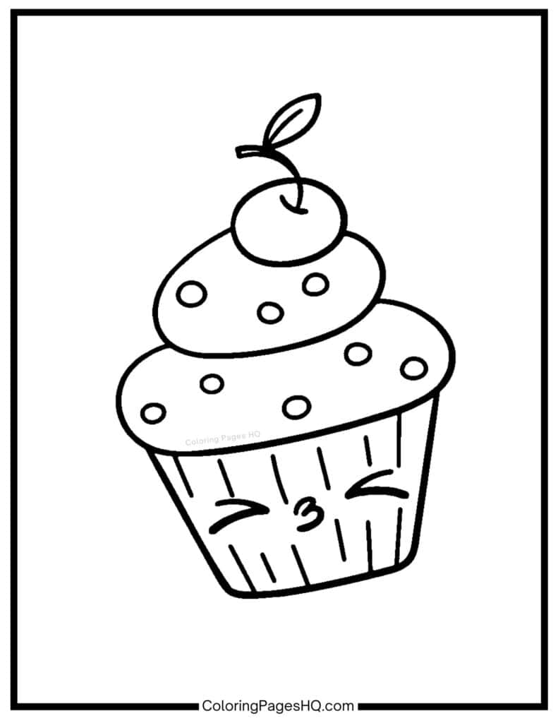 Cute Kawaii cupcake with a cherry on top to color