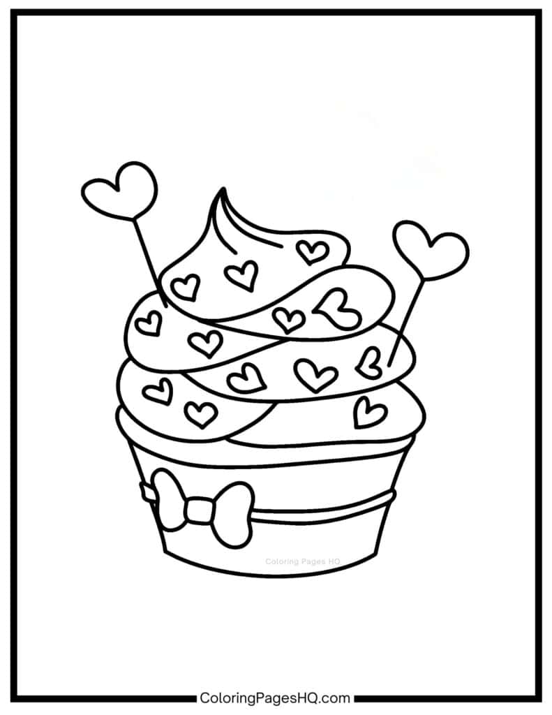 Hand-drawn cupcake decorated with hearts coloring page
