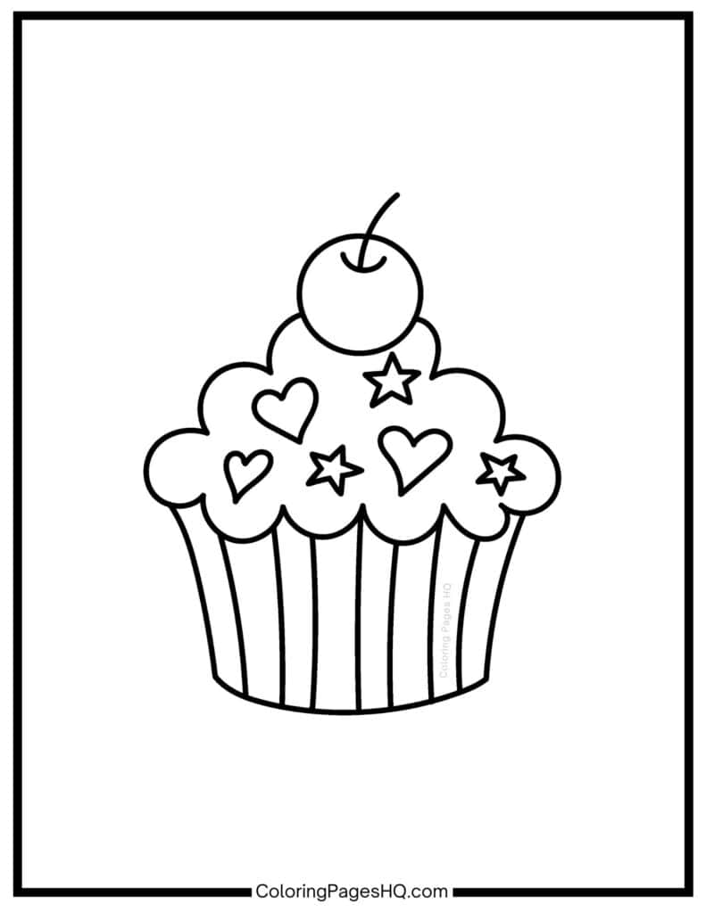 Hand-sketched cupcake with a cherry on top coloring page