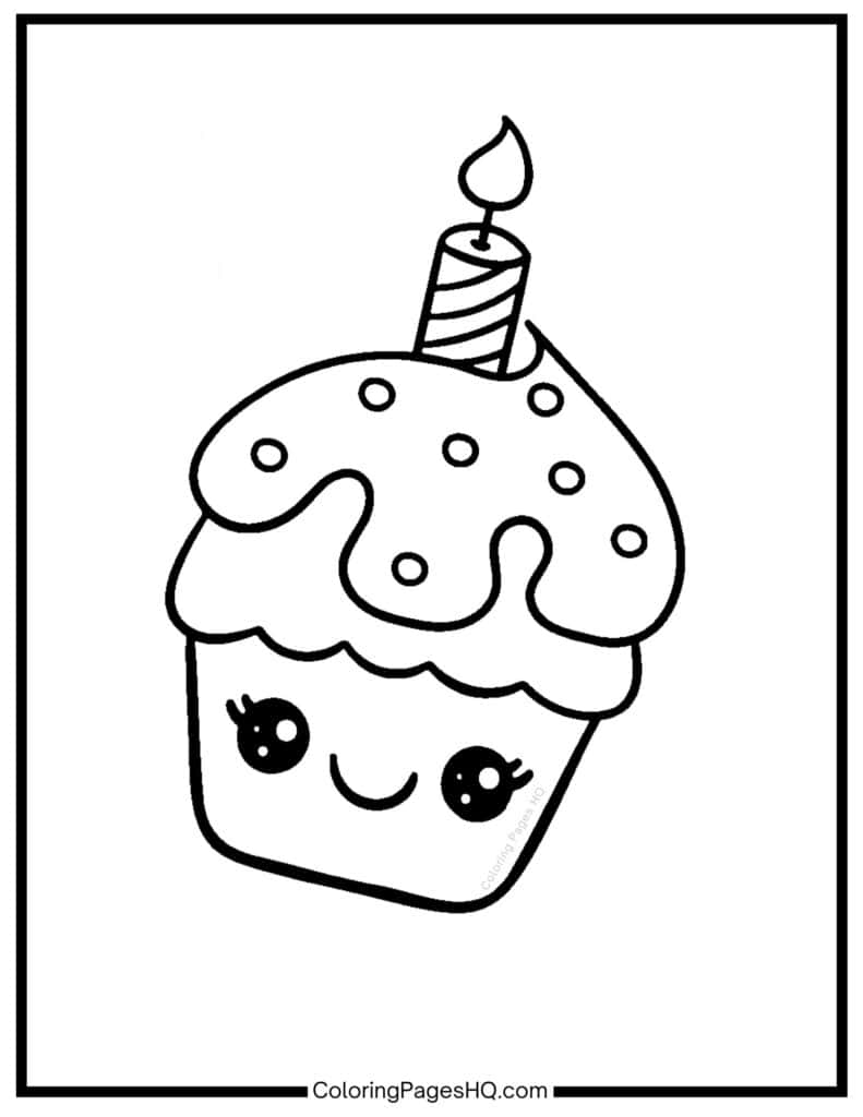 Kawaii cupcake with a candle coloring sheet