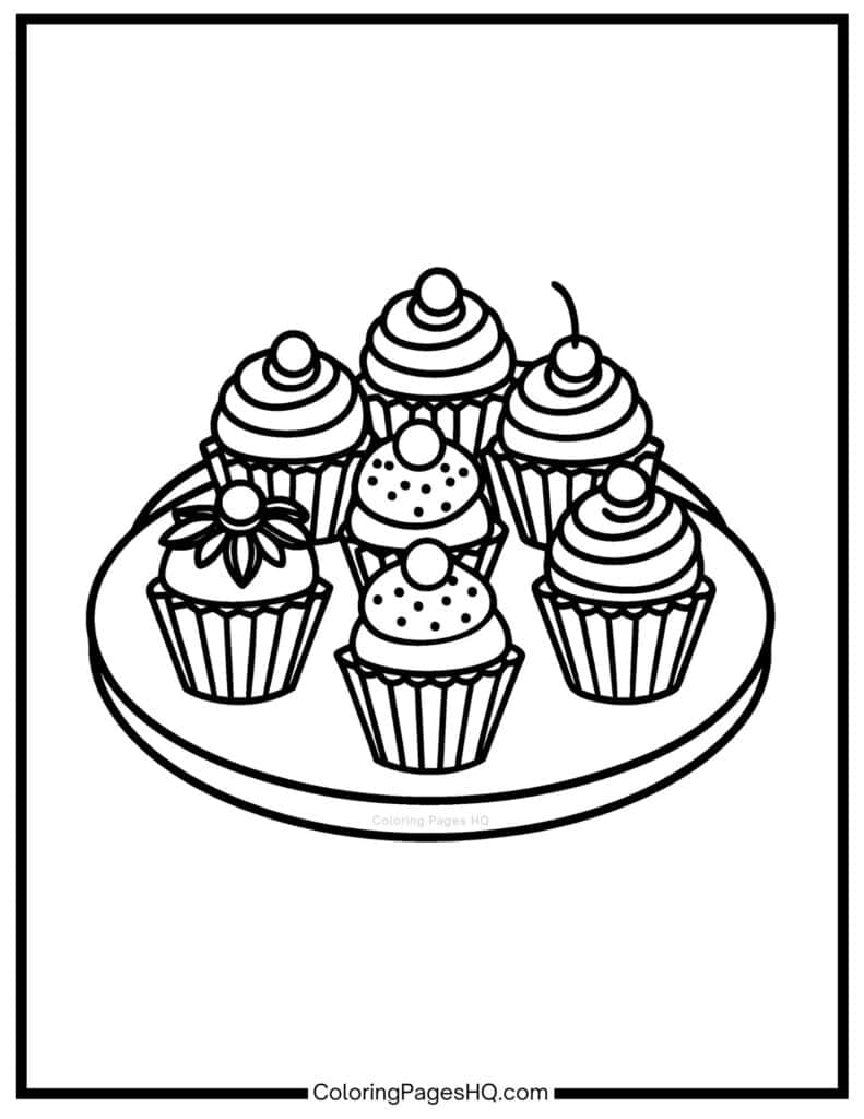 Platter of cupcakes with icing coloring sheet