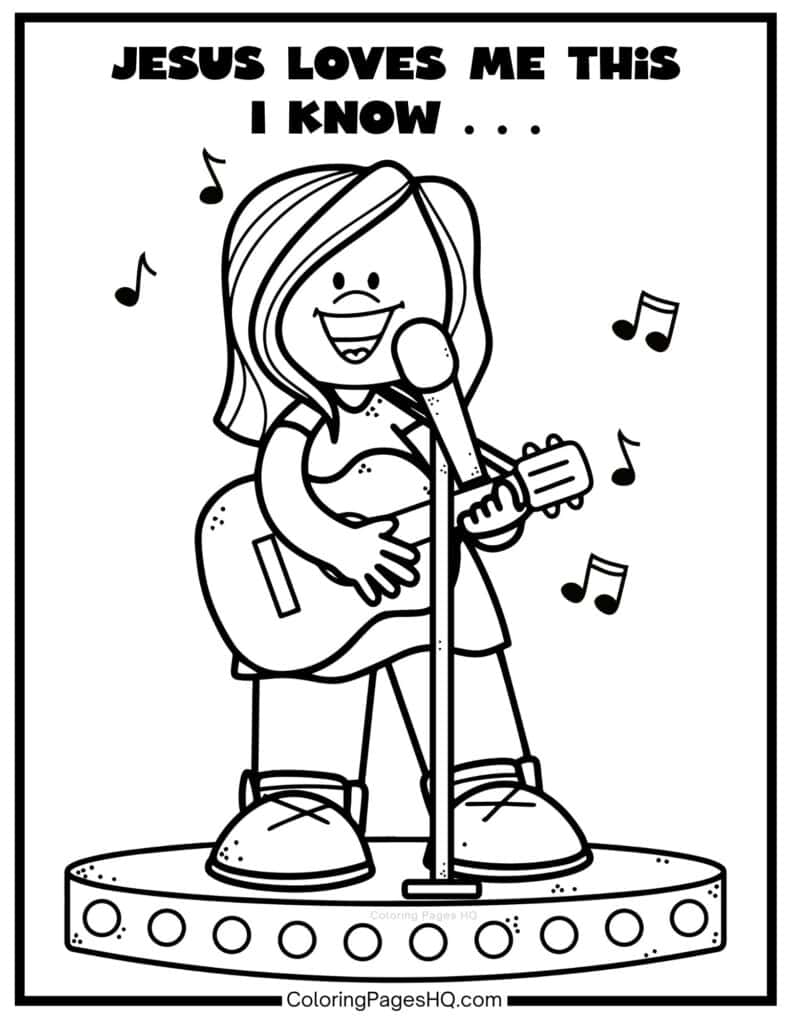 Smiling girl on a stage singing Jesus loves me