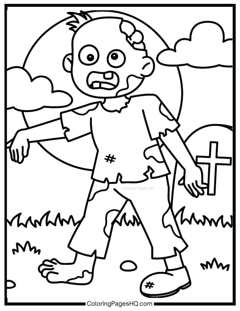Barefoot zombie walking in a cemetery coloring page