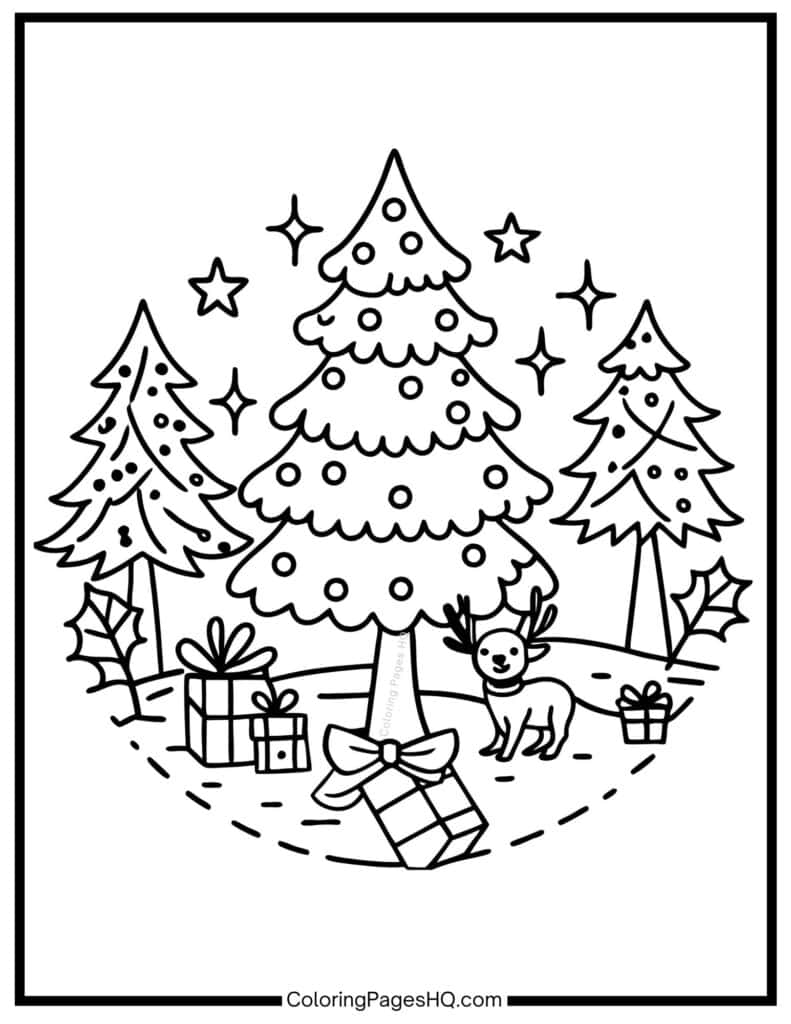 Christmas gifts under a tree coloring page