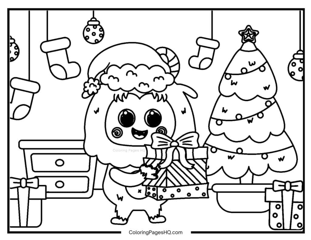 Cute Yeti holding a Christmas gift coloring page