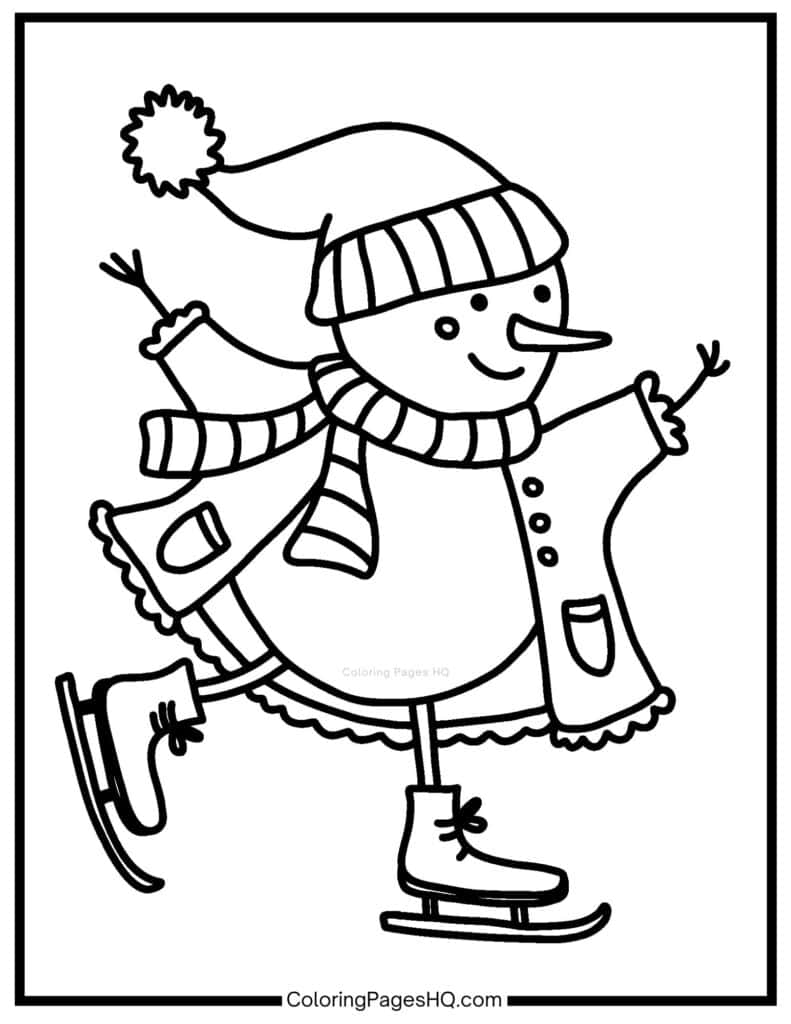 Cute snowman on ice skates coloring page