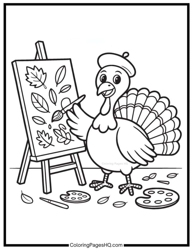 Cute turkey painting fall leaves coloring sheet
