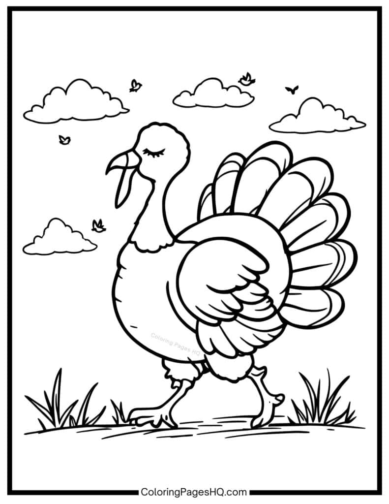 Cute turkey walking in a yard coloring sheet