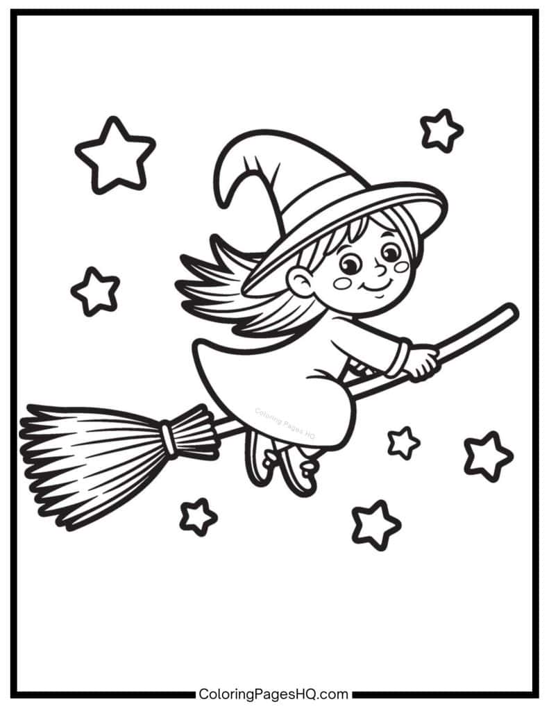 Cute witch flying through stars coloring page