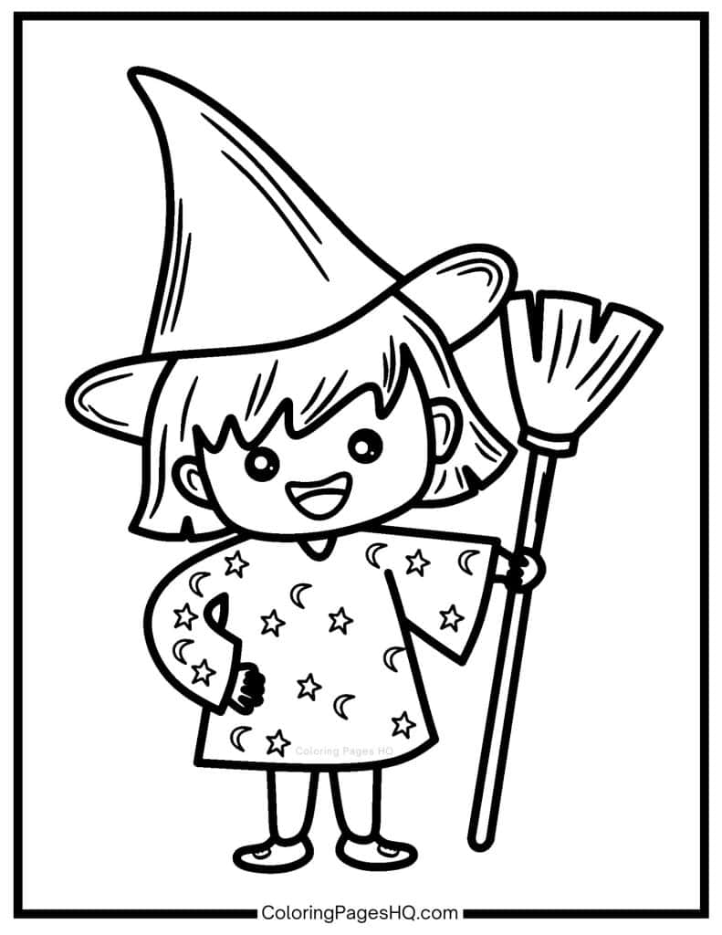 Cute witch holding a broom coloring page