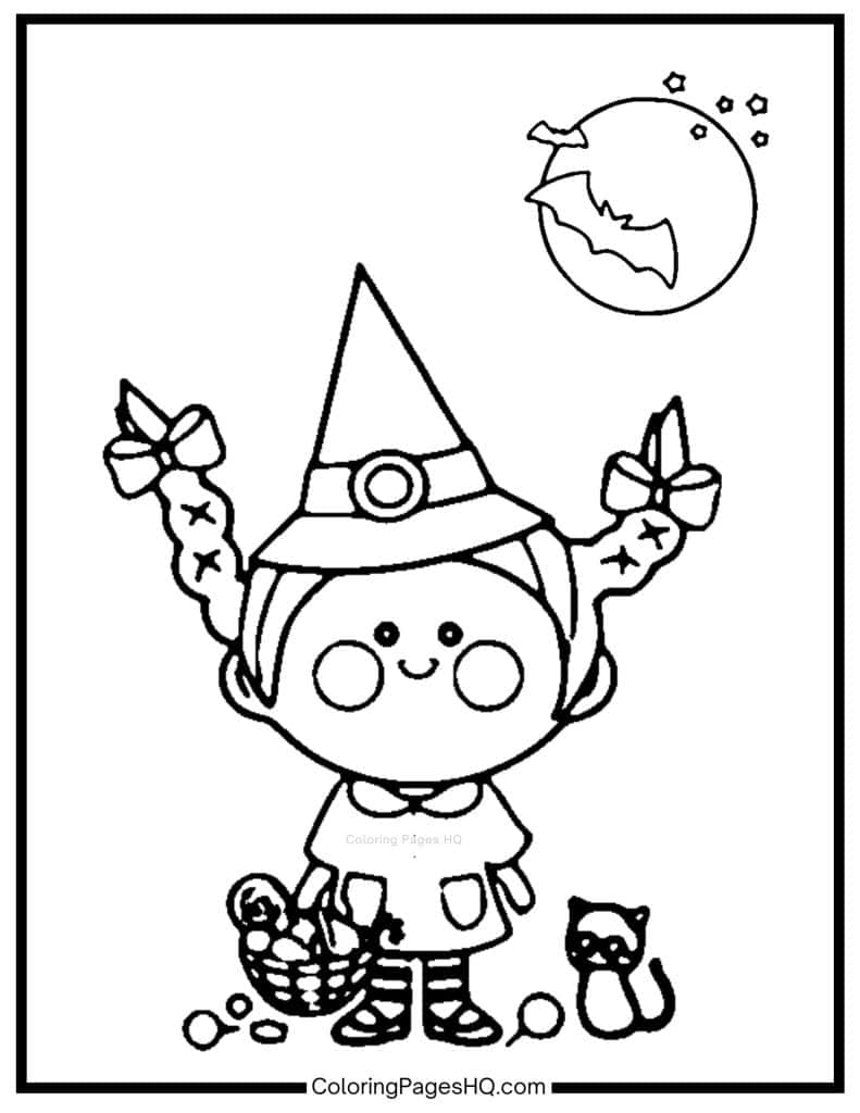 Cute witch with pigtails coloring page