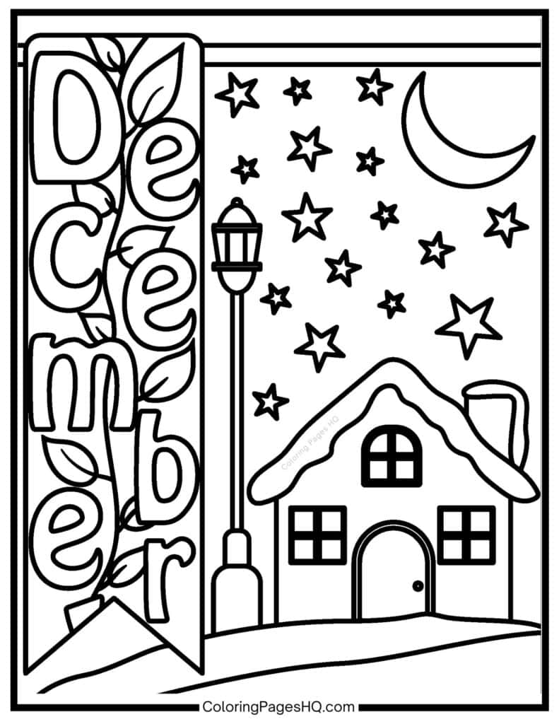 December snowcapped house coloring page