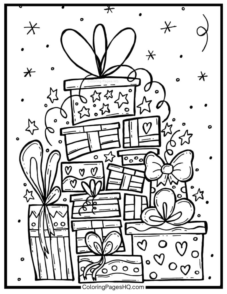 Hand-sketched stack of Christmas gifts coloring sheet