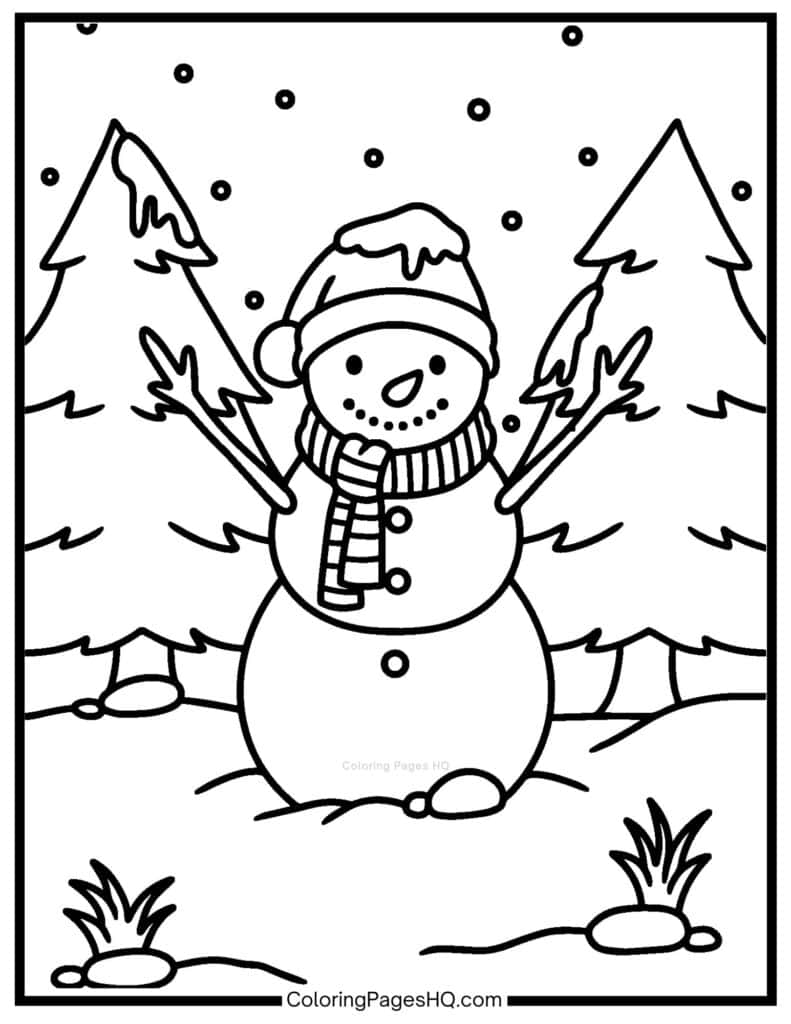 Happy snowman sitting in the snow sheet to color