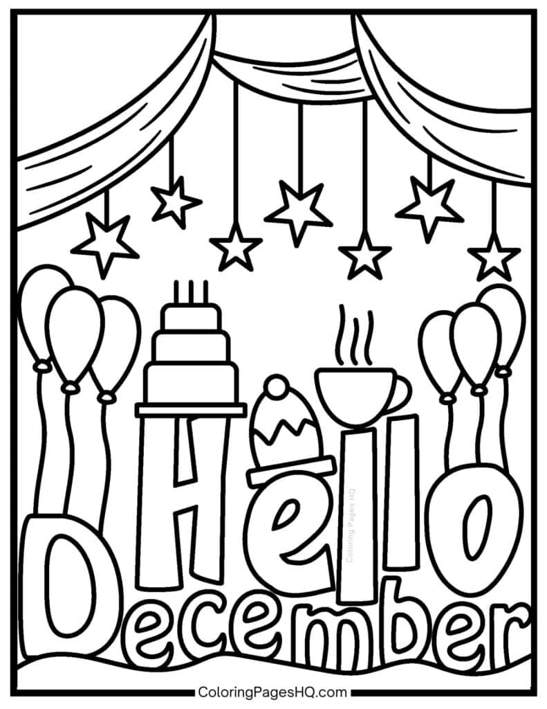 Hello December birthday party coloring sheet