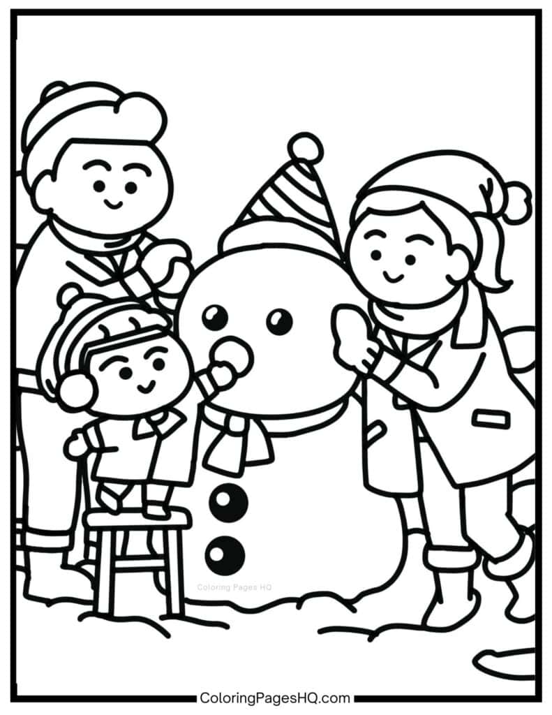 Kids building a snowman coloring page