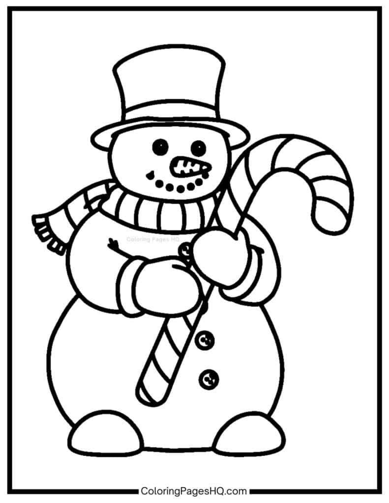 Snowman holding a candy cane coloring page