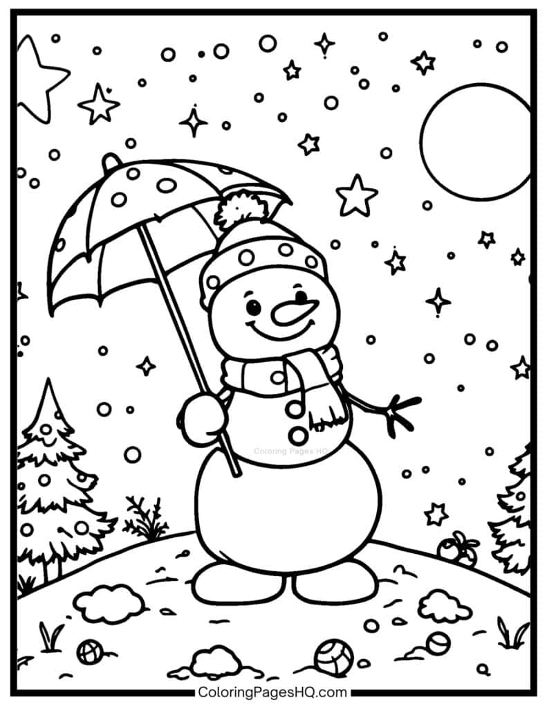 Snowman holding an umbrella in the snow coloring page