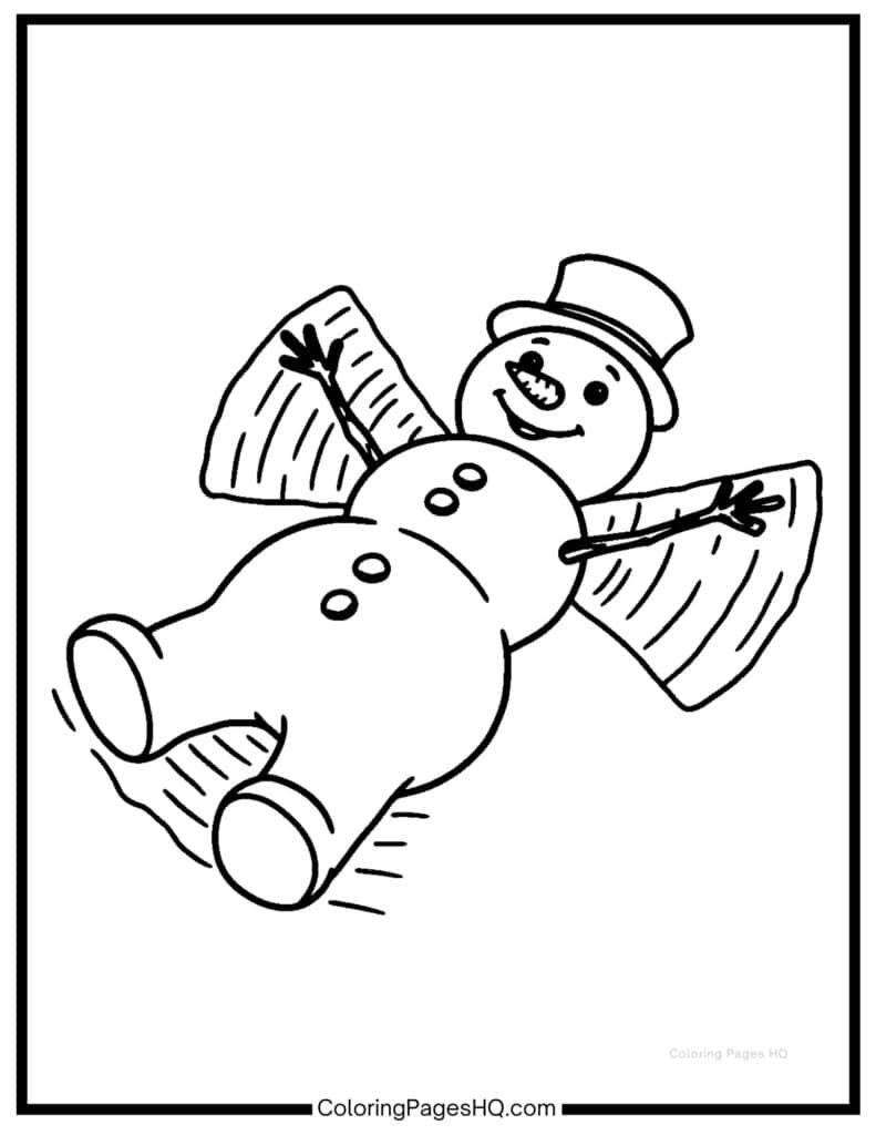 Snowman making angel wings in the snow coloring page