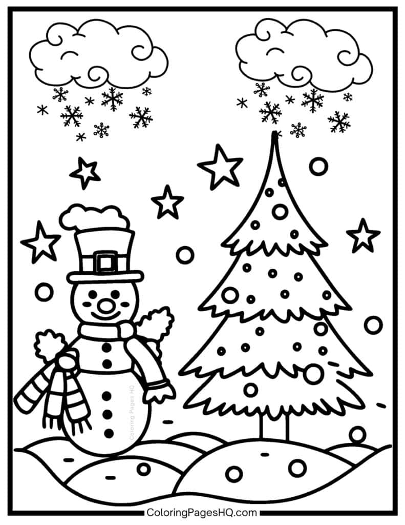 Snowman sitting by a tree coloring sheet