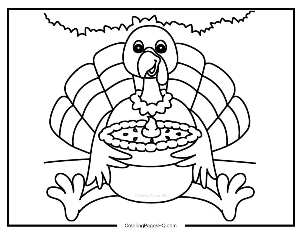 Thanksgiving turkey holding a pie coloring page