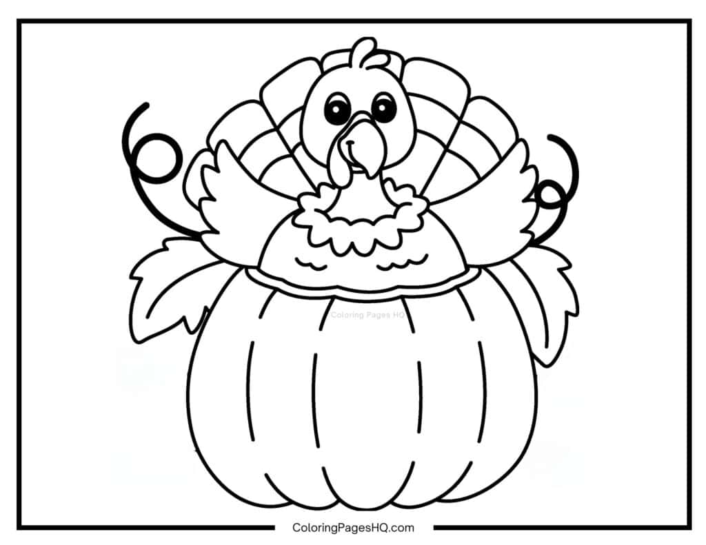 Thanksgiving turkey sitting inside a pumpkin coloring page