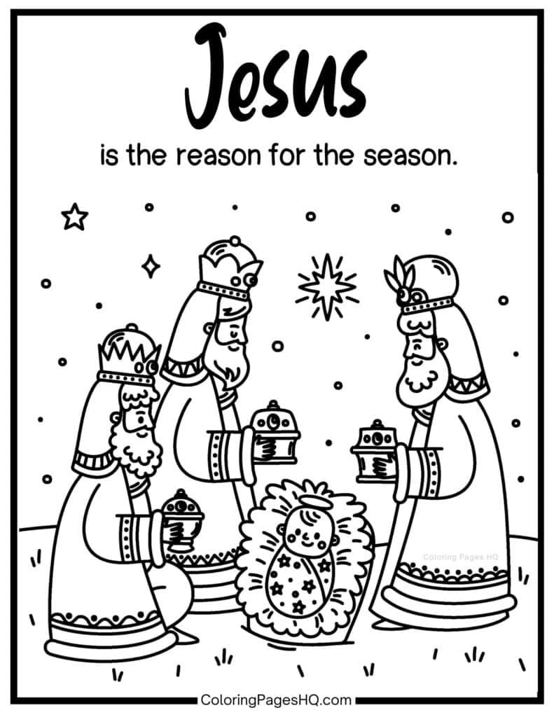 Three wise men with baby Jesus coloring sheet