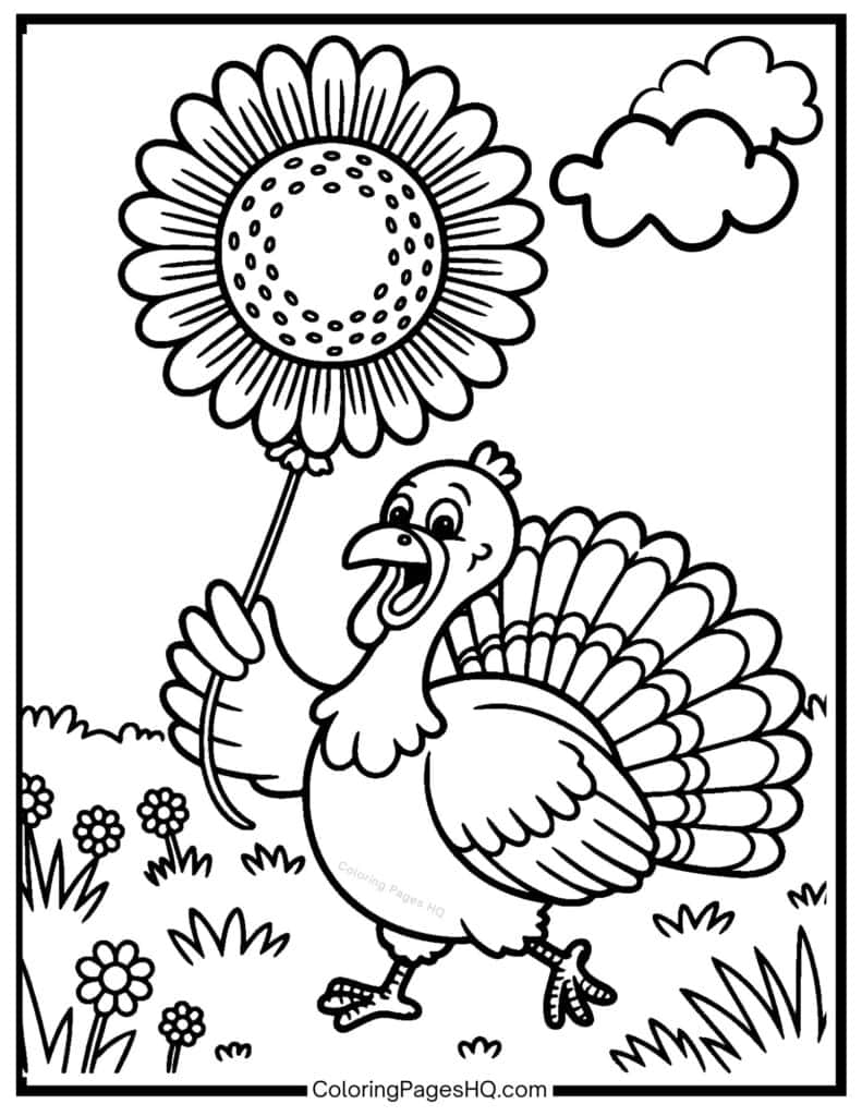 Turkey carrying a sunflower shaped balloon coloring page