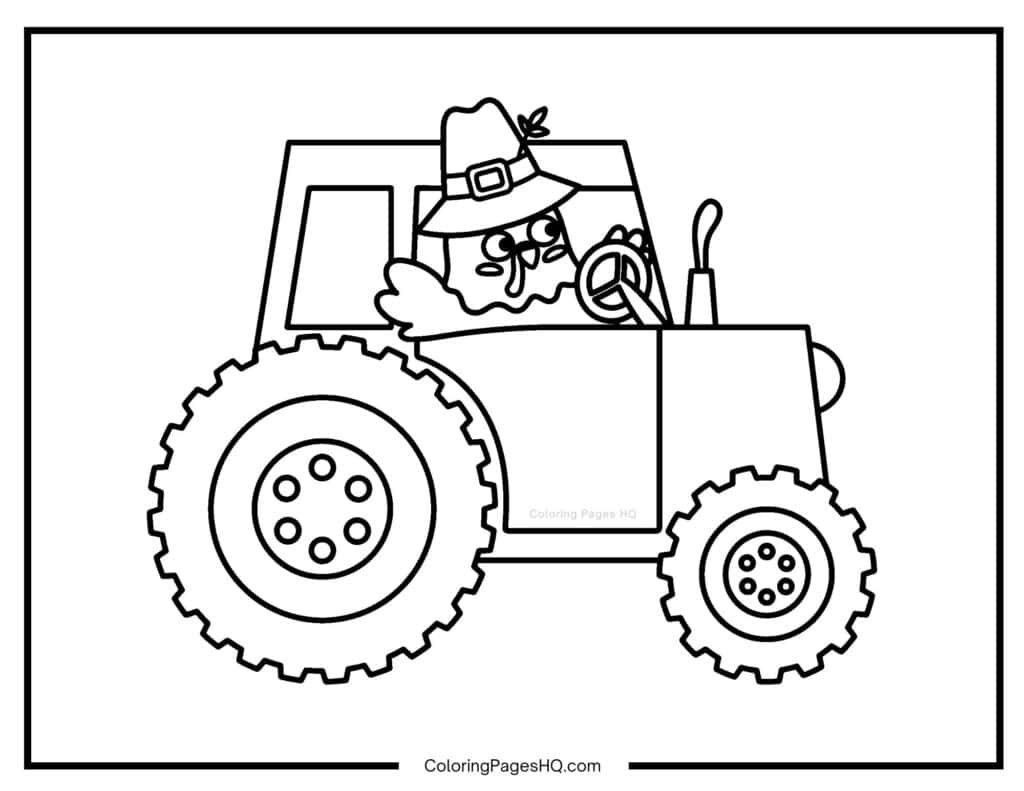 Turkey wearing a pilgrim hat driving a tractor page to color