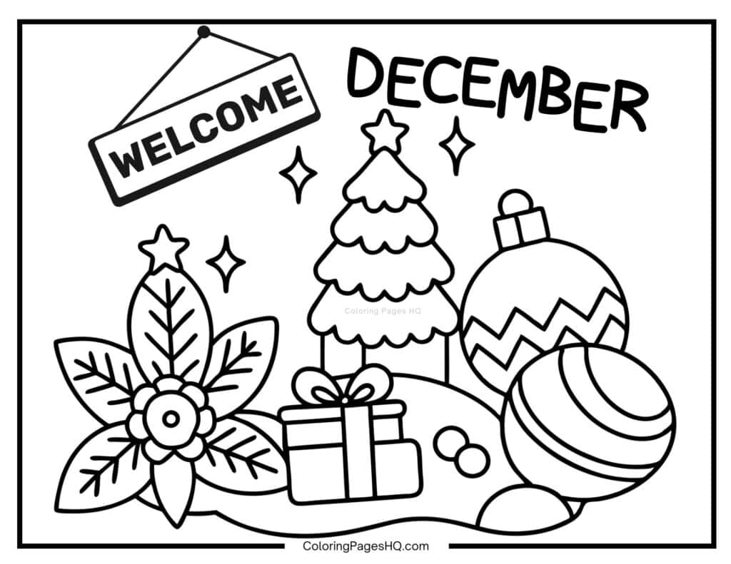 Welcome December Christmas gree coloring page
