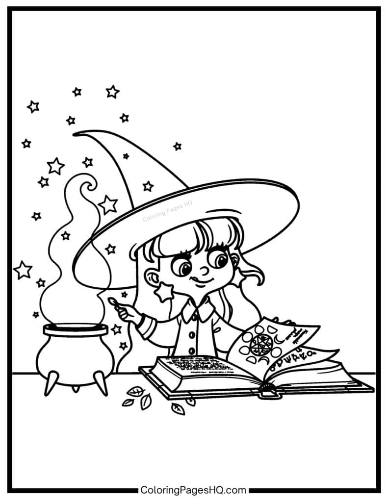 Witch reading a brew recipe coloring page